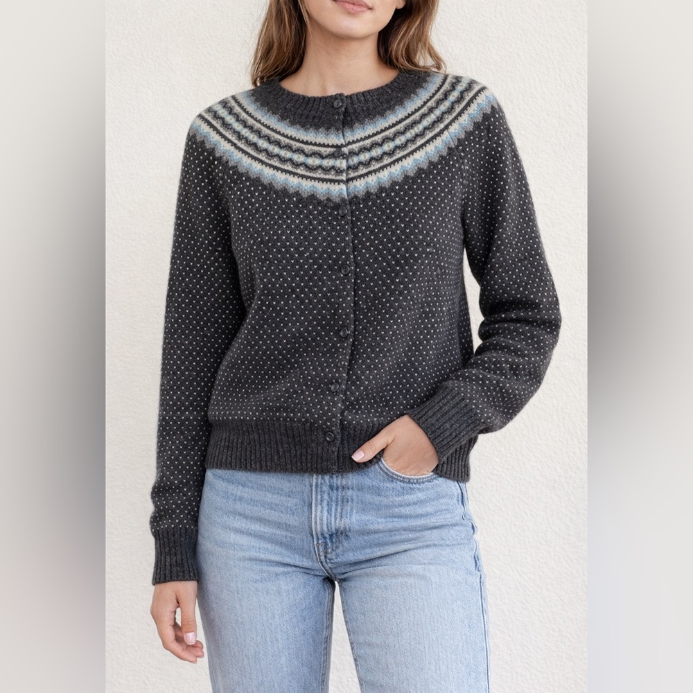 Vintage Eagles Eye Lambswool Fair Isle Cardigan Sweater Gray Blue, L/M